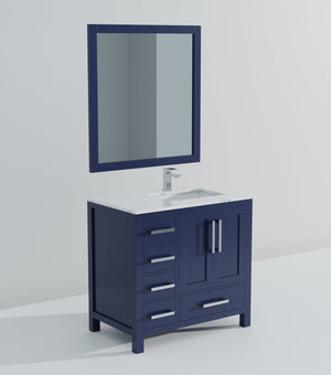 English Elm Navy 36 in. Bath Vanity with Right Offset Carrara Marble Top, Chrome Faucet, 34” Mirror, Durable Surface B2731S01269