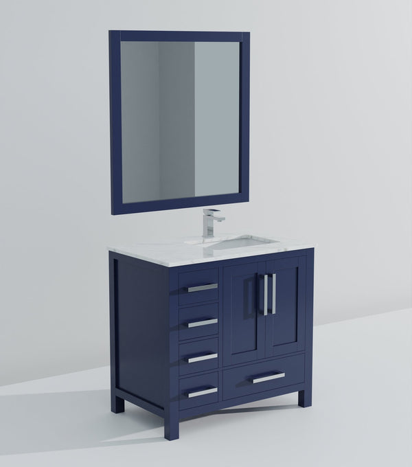 English Elm Navy 36 in. Bath Vanity with Right Offset Carrara Marble Top, Chrome Faucet, 34” Mirror, Durable Surface B2731S01269