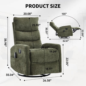 English Elm Heat Massage Rocker Recliner with Swivel Base Vibrating Nodes Lumbar Relief Fabric W3224P357572