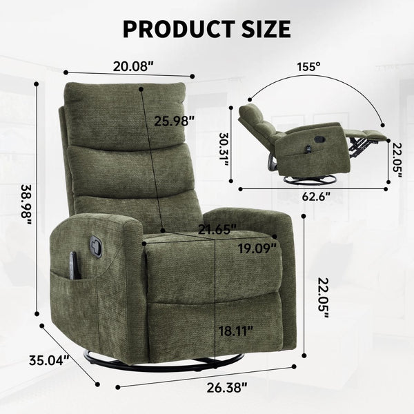 English Elm Heat Massage Rocker Recliner with Swivel Base Vibrating Nodes Lumbar Relief Fabric W3224P357572
