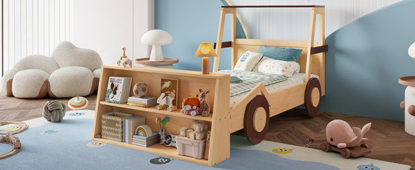 English Elm Twin Pine Treehouse Floor Bed with Padded Rails and Cabin Roofline for Kids W1580S00472