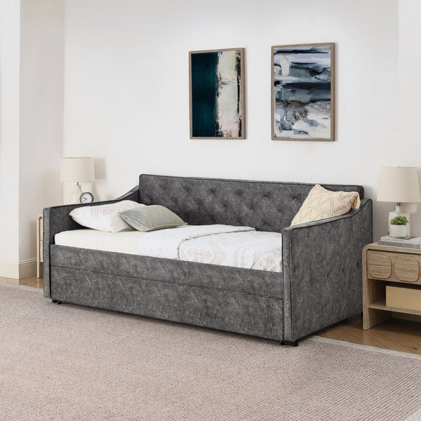 English Elm Twin Linen Tufted Daybed with Pop up Trundle and Usb Port for Guest Rooms Grey W1413S00128