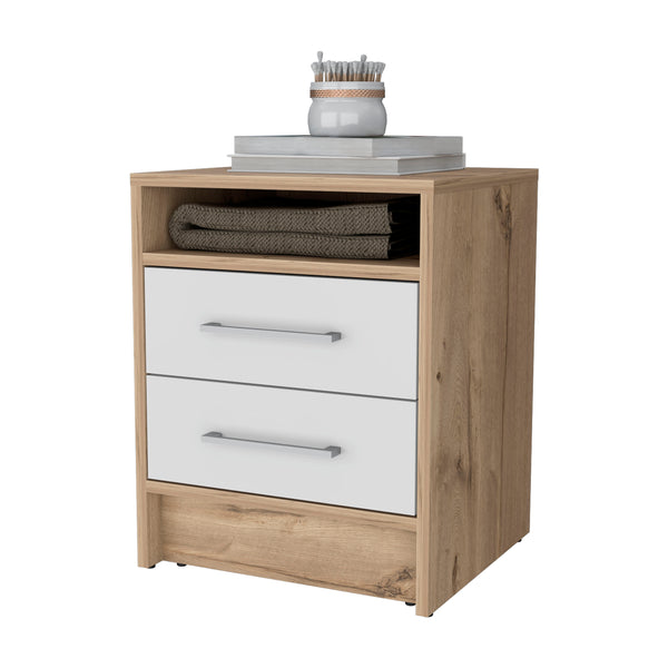 English Elm Philadelphia Nightstand with Two Drawers and Concealed Shelf, White & Light Oak Accent, Sleek Storage Design Multicolor 23 L x 19 W x 7 H B128P148786