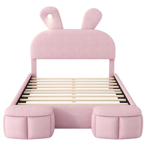 English Elm Full Pink Velvet Platform Bed Cartoon Ear Headboard Led Light Storage Stools N709P195300H-1