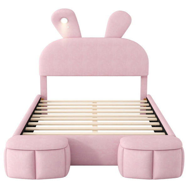 English Elm Full Pink Velvet Platform Bed Cartoon Ear Headboard Led Light Storage Stools N709P195300H-1