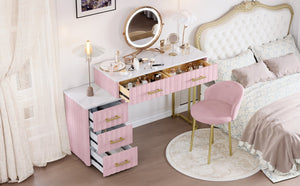 English Elm Velvet Upholstered Vanity Desk Set with Marble-Look Top, Padded Chair, 5 Spacious Drawers & Gold Accents Pink 17.5 L x 16.3 W x 16.1 H N733S272606H