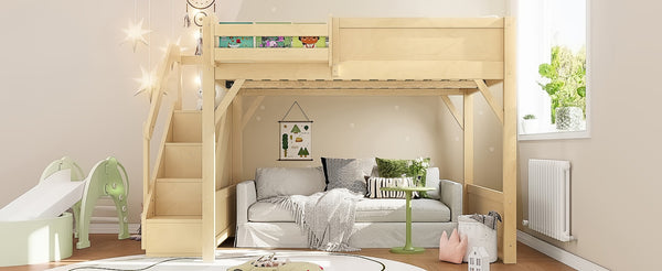 English Elm Twin Low Loft Bed Solid Pine Frame Kids Study Desk Blackboard Storage White Natural W1580S00549
