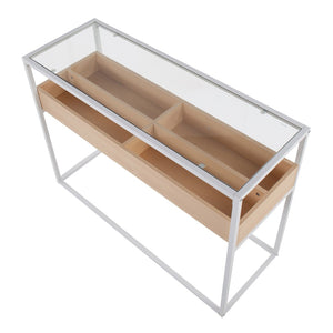 English Elm Contemporary Glass Top Console Table with Matte Black Frame and Wood Storage Natural B202P223379