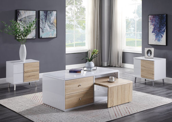 English Elm White White High Gloss 4-Drawer Coffee Table with Pull-Out Table, Contrasting Natural Drawer Fronts and Smooth Metal Glides for Modern Storage Elegance B062P209128