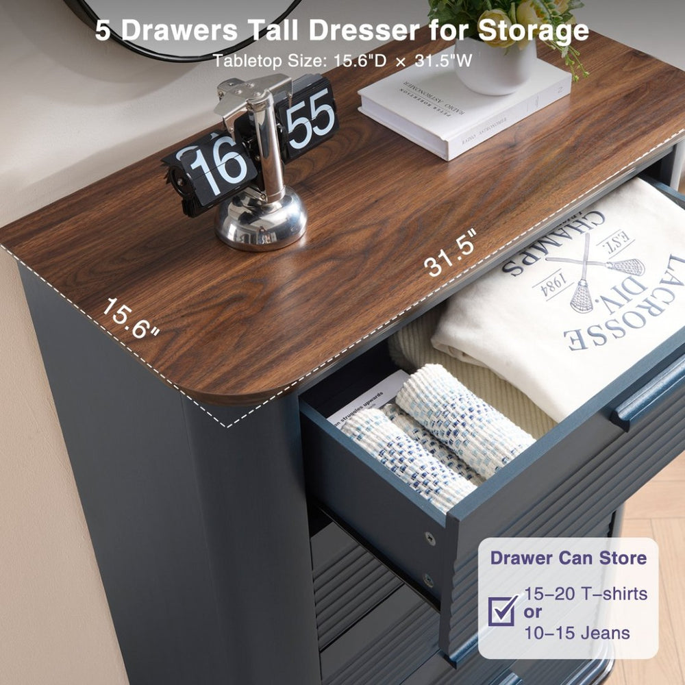 English Elm 6 Drawer Tall Fluted Chest with Waveform Fronts Slim Wooden Storage for Modern Bedroom Navy Blue T5326P425093