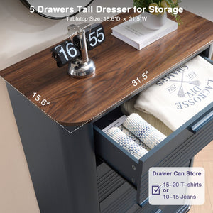 English Elm 6 Drawer Tall Fluted Chest with Waveform Fronts Slim Wooden Storage for Modern Bedroom Navy Blue T5326P425093