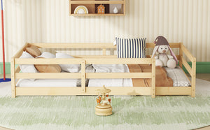 English Elm Twin Pine Montessori Floor Bed for Kids with Safety Fence, Low Profile Twin Frame, Natural Finish W1820P331919