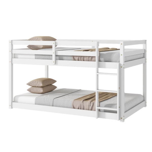English Elm Solid Rubberwood Twin-Over-Twin Floor Bunk Bed With Ladder, Sturdy Slats & Stylish White Finish W504P191666-GIGA