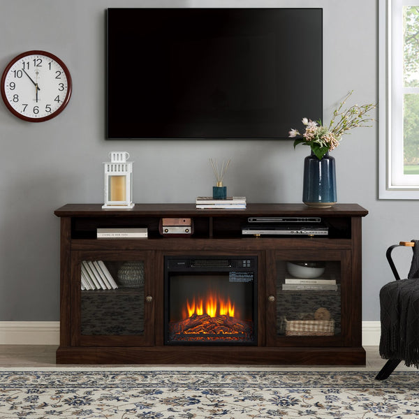 English Elm Contemporary TV Media Stand with 18" Electric Fireplace Insert, 65" TV Capacity, Brown, Ample Storage W2275S00043