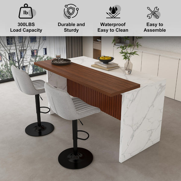 English Elm 63" Modern Kitchen Island Set With 2 Gray Bar Stools - Stylish Marble Look, Led Lighting & Versatile Use W2699S00070