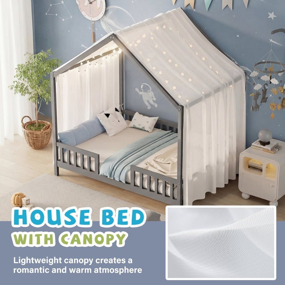 English Elm Montessori Pine Floor Bed Twin with House Canopy Frame and Four Safety Railings N733P356048E