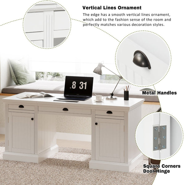 English Elm 67" White Executive Desk with Cabinet Storage Drawers and Usb Ports for Home Office N751S415500K