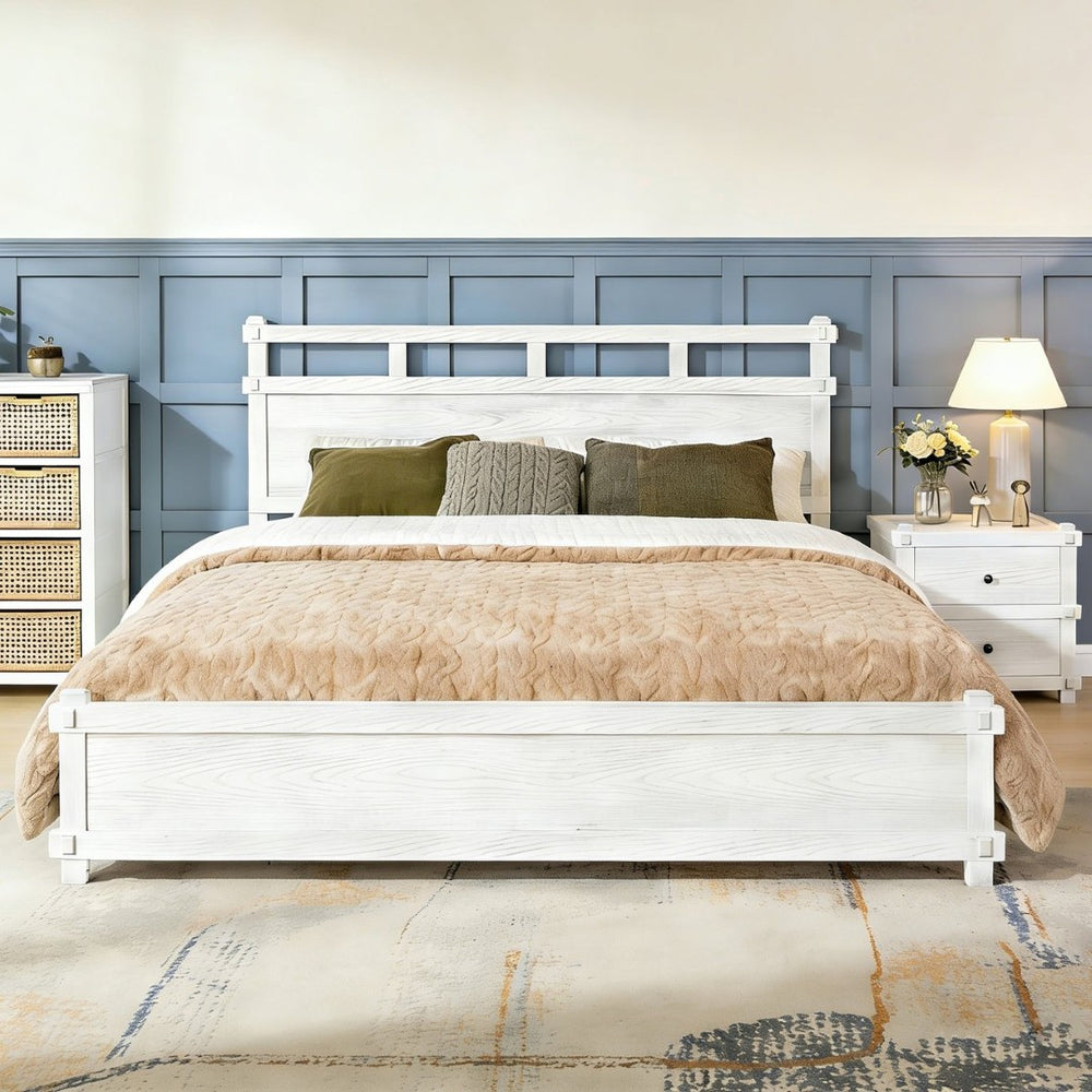 English Elm California King Platform Bed Antique White Wood Grain Farmhouse Cottage Style N758P369327W