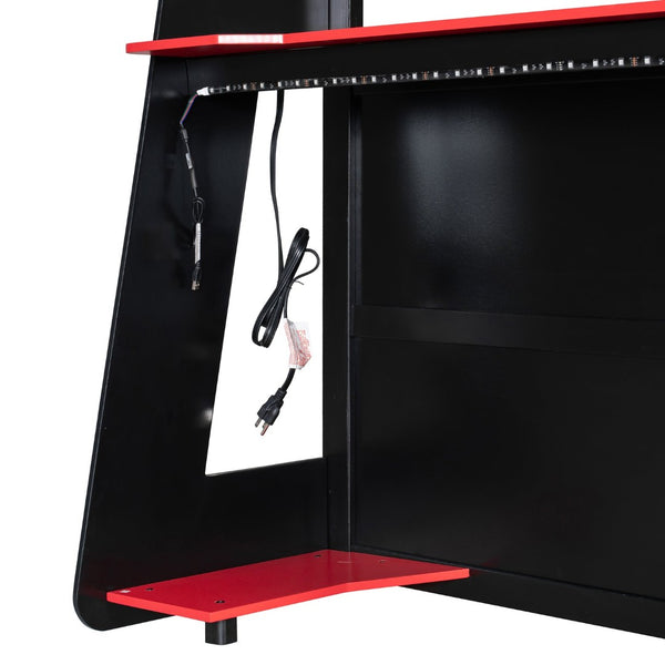 English Elm Full Size Gaming Loft Bed with Led Lighting Desk Shelves and Usb Charging Ports Black+Red N820S00076J