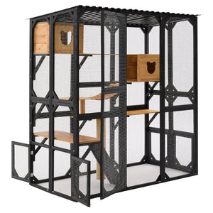 English Elm Outdoor Fir Wood Window Catio Enclosure with Four Climbing Platforms for Cats Black,Brown N719P418377D