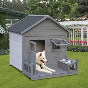 English Elm Large Breed Outdoor Doghouse Solid Fir Wood Covered Porch Weatherproof Asphalt Roof W1431S00010