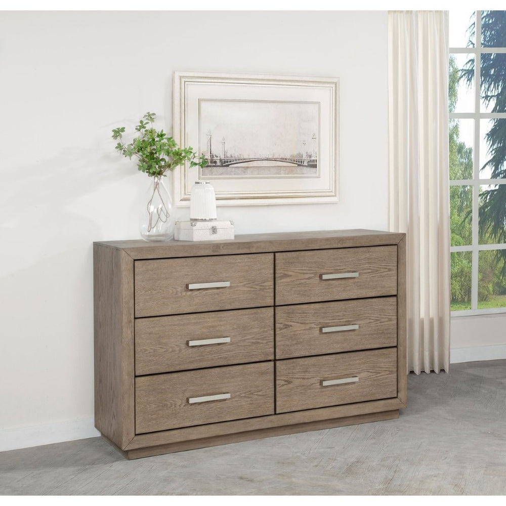 English Elm Gibbons Six Drawer Dresser Warm Brown Finish with Chrome Pulls for Modern Bedroom B062P447734