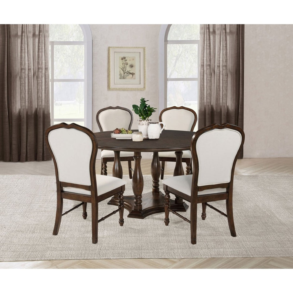 English Elm Claire Round Rubberwood Dining Set Seats Six with Ivory Upholstered Chairs Traditional B062S01585
