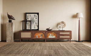 English Elm 86 Inch Rattan Media Console with Led Lighting Two Drawers Modern Living Room Tv Stand N710P438977P