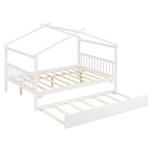 English Elm Full Size House Bed Solid Pinewood Frame with Pull Out Twin Trundle for Kids White LP000305AAK-1