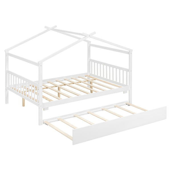 English Elm Full Size House Bed Solid Pinewood Frame with Pull Out Twin Trundle for Kids White LP000305AAK-1