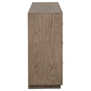 English Elm Gibbons Six Drawer Dresser Warm Brown Finish with Chrome Pulls for Modern Bedroom B062P447734