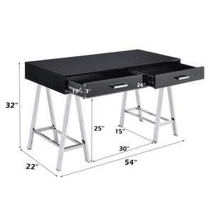 English Elm Coleen Modern Black High-Gloss Writing Desk with Chrome Sawhorse Legs, 2 Smooth Glide Drawers, 70lb B2726P315589