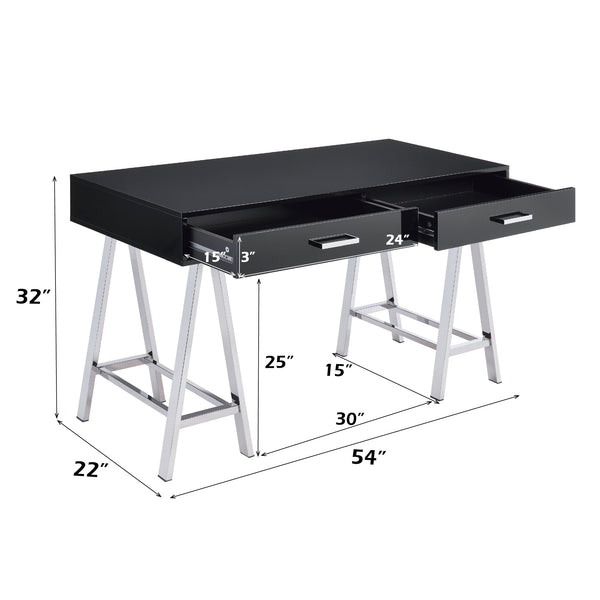 English Elm Coleen Modern Black High-Gloss Writing Desk with Chrome Sawhorse Legs, 2 Smooth Glide Drawers, 70lb B2726P315589