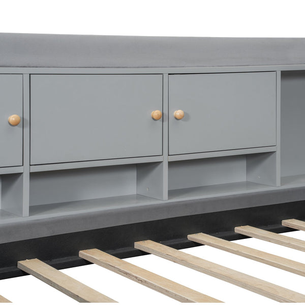 English Elm Twin Upholstered Daybed with Velvet Finish, High Back Shelves, Flip Cabinets, Drawers & Side Table Gray SF000196AAE