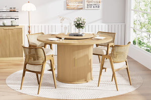 English Elm 55-inch Round Wood Dining Table Seats Six with Turntable Tray and Tiered Storage W1162P357242