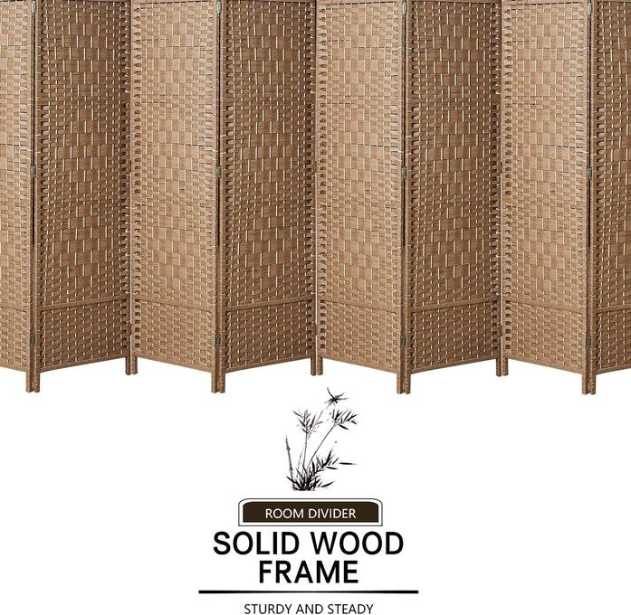 English Elm 8 Panel Room Divider with Hand-Woven Fiber Straps, Solid Wood Folding Screen for Privacy & Style Natural Wood W3198P299051