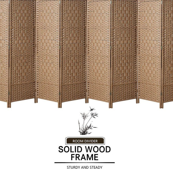 English Elm 8 Panel Room Divider with Hand-Woven Fiber Straps, Solid Wood Folding Screen for Privacy & Style Natural Wood W3198P299051
