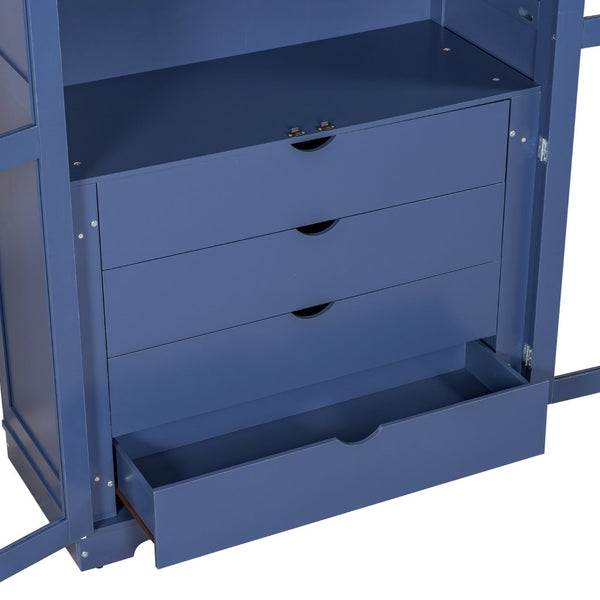 English Elm Topmax Solid Pine Pantry Cabinet with Glass Doors Four Drawers Kitchen Storage SP000086AAC