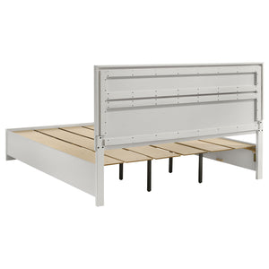English Elm May 2-Drawer Platform Eastern King Storage Bed with Shimmery Foil Headboard and Rhinestone Pulls craftsmanship and glamour combined for dreamy modern bedroom allure White B062S01087