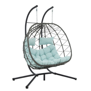 English Elm 2 Person Wicker Hanging Egg Chair with Freestanding Stand Outdoor Patio Swing Seat Blue W1703P444372