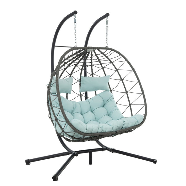 English Elm 2 Person Wicker Hanging Egg Chair with Freestanding Stand Outdoor Patio Swing Seat Blue W1703P444372