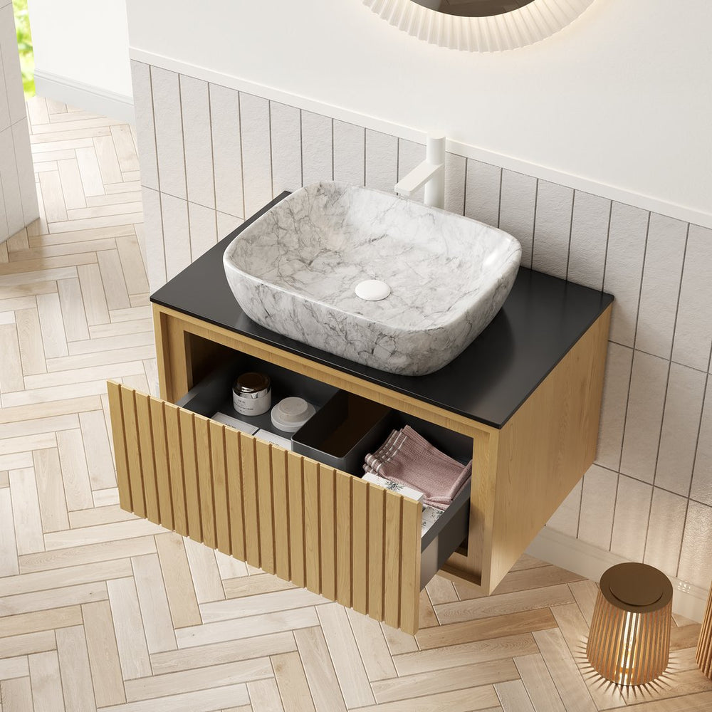 English Elm KOLAS 30" Bathroom Vanity with Sintered Countertop, Wall-Mount Plywood Cabinet, Soft-Close Drawer Black,Oak,Stone Gray W2615S00380