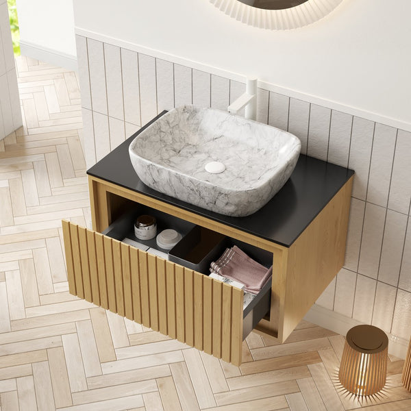 English Elm KOLAS 30" Bathroom Vanity with Sintered Countertop, Wall-Mount Plywood Cabinet, Soft-Close Drawer Black,Oak,Stone Gray W2615S00380