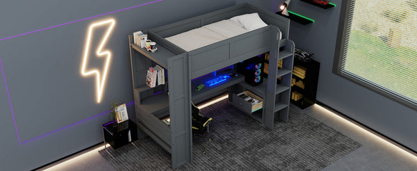 English Elm Wood Twin Loft Bed with Desk Led Lighting Charging Ports and Multi-zone Storage SM000373AAE