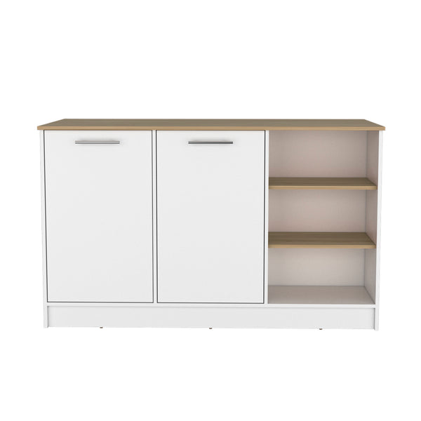English Elm Kitchen Island Leoti White Engineered Wood with European Ash Top, 2 Cabinets, Durable Modern Storage B092S00268