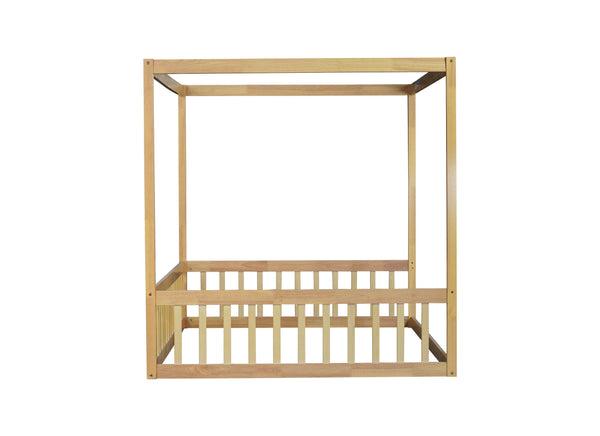 English Elm Full Size Canopy Floor Bed In Natural Rubberwood With Guardrails - Perfect For Kids' Imagination! W504P345756