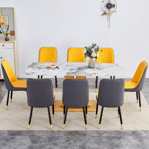 English Elm Table Set: Luxurious 71" Pandora Patterned Glass Dining Table With Golden Legs & 8 Chic Pu Chairs W1151S03245-GIGA