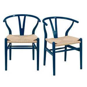 EuroStyle Evelina Beechwood Dining Chair with Handwoven Rush Seat Mid-Century Modern Style Midnight Blue/Natural 08157MBLU