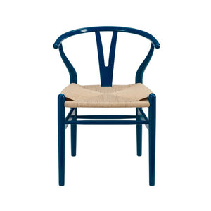EuroStyle Evelina Beechwood Dining Chair with Handwoven Rush Seat Mid-Century Modern Style Midnight Blue/Natural 08157MBLU