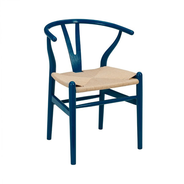 EuroStyle Evelina Beechwood Dining Chair with Handwoven Rush Seat Mid-Century Modern Style Midnight Blue/Natural 08157MBLU